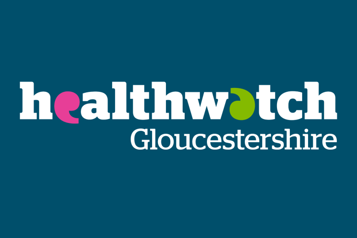 White Healthwatch Gloucestershire logo on a dark blue background.